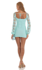 Floral Crochet Long Sleeve Dress in Blue