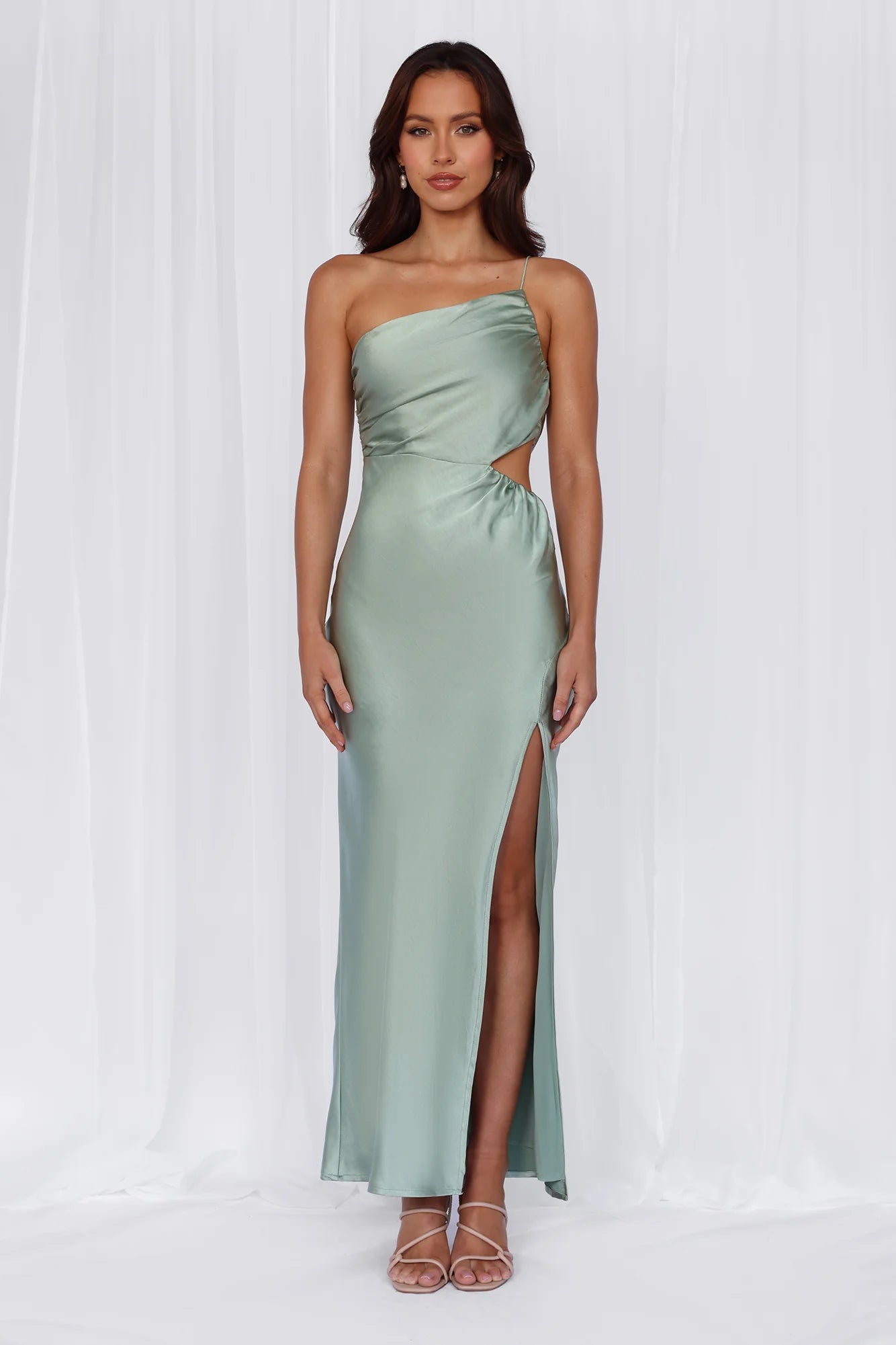 HELLO MOLLY The Opal One Shoulder Satin Maxi Dress Sage