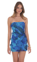 Mesh Floral Strapless Ruffle Dress in Royal Blue