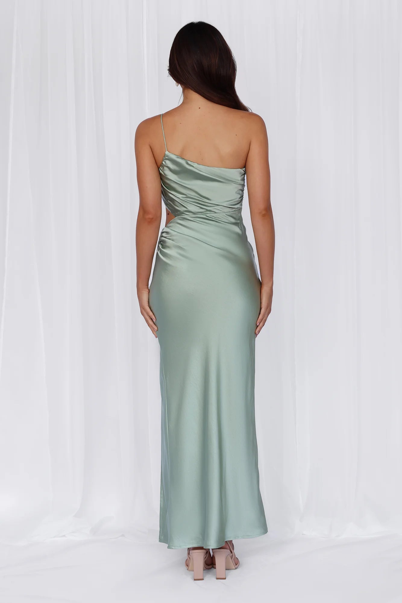 HELLO MOLLY The Opal One Shoulder Satin Maxi Dress Sage