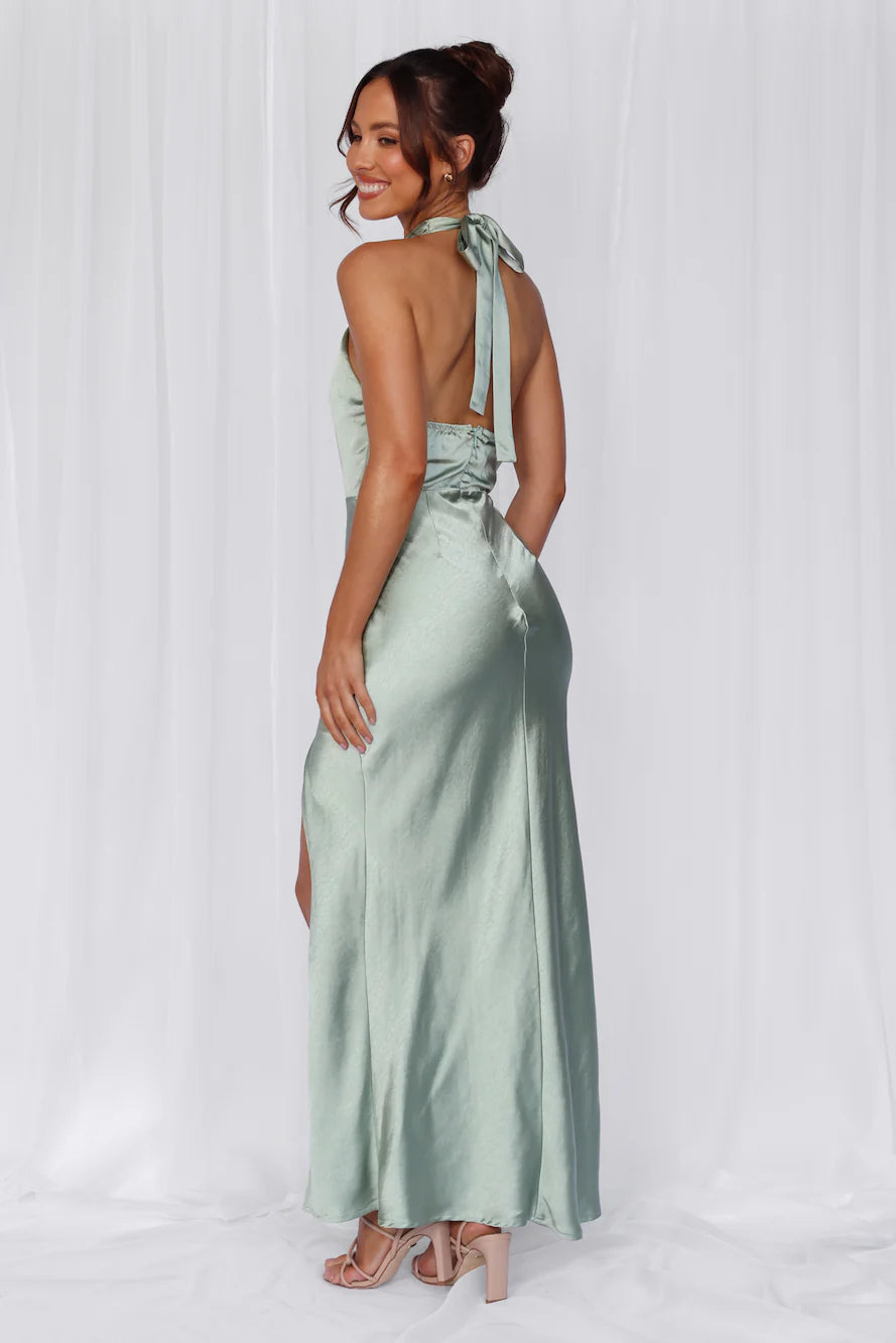 HELLO MOLLY The Adeline Halter Satin Maxi Dress Sage