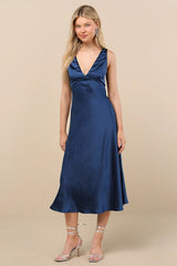 Incredible Love Navy Satin Cowl Back Midi Slip Dress