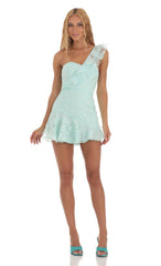 Floral Corset One Shoulder Dress in Seafoam