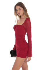 Mesh Long Sleeve Dress in Red