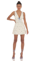 Floral Plunge Neck Dress in Cream