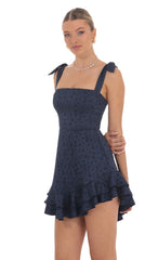Floral Jacquard Ruffle A-line Dress in Navy