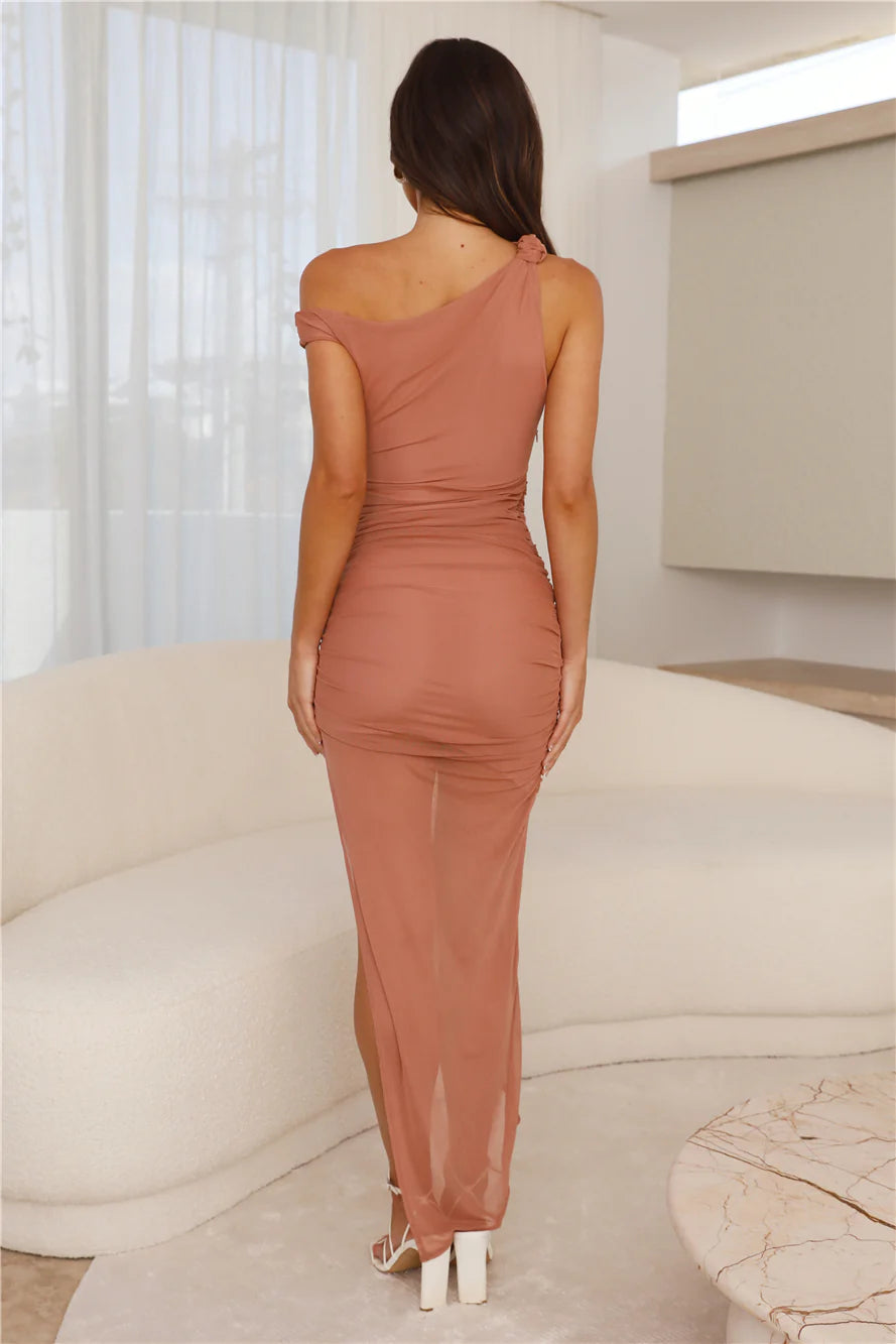 HELLO MOLLY Party Style Mesh Off Shoulder Midi Dress Blush