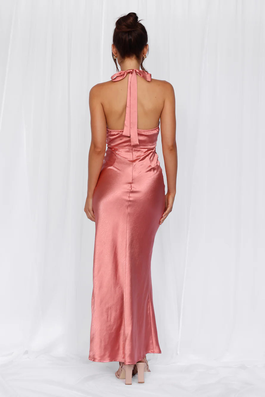 HELLO MOLLY The Adeline Halter Satin Maxi Dress Rose