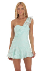 Floral Corset One Shoulder Dress in Seafoam