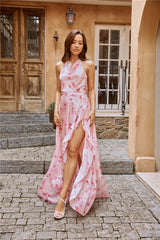HELLO MOLLY Palm Tree Island Halter Maxi Dress Pink