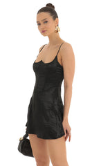 Satin Corset Fit and Flare Dress in Black