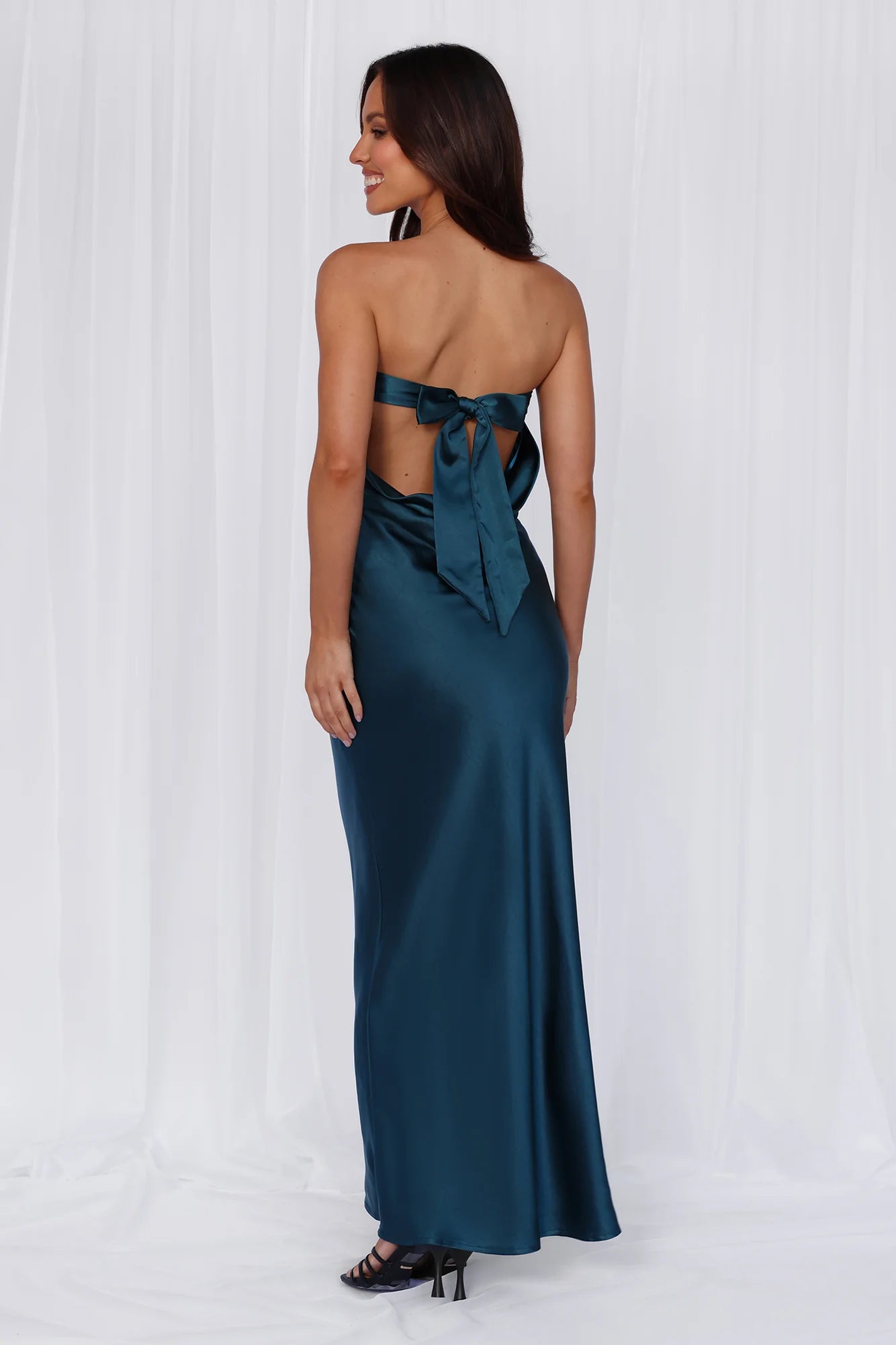 HELLO MOLLY The Felicity Strapless Satin Maxi Dress Teal