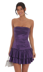 Satin Strapless Ruffle Dress in Purple
