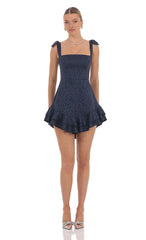 Floral Jacquard Ruffle A-line Dress in Navy