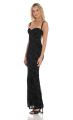 Mesh Velvet Floral Maxi Dress in Black