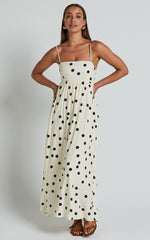 Miriam Midi Linen Dress - Strappy Straight Neck A Line Dress in Beige & Black Spot