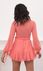 Dotted Long Sleeve Wrap Dress in Coral