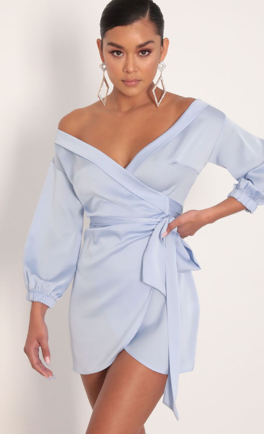 Lorella Off Shoulder Wrap Dress in Dusty Blue