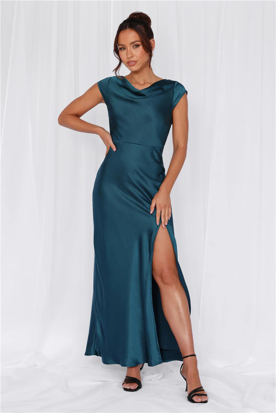 HELLO MOLLY The Valentina Cap Sleeve Satin Maxi Dress Teal