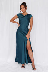 HELLO MOLLY The Valentina Cap Sleeve Satin Maxi Dress Teal
