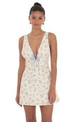 Floral Plunge Neck Dress in Cream