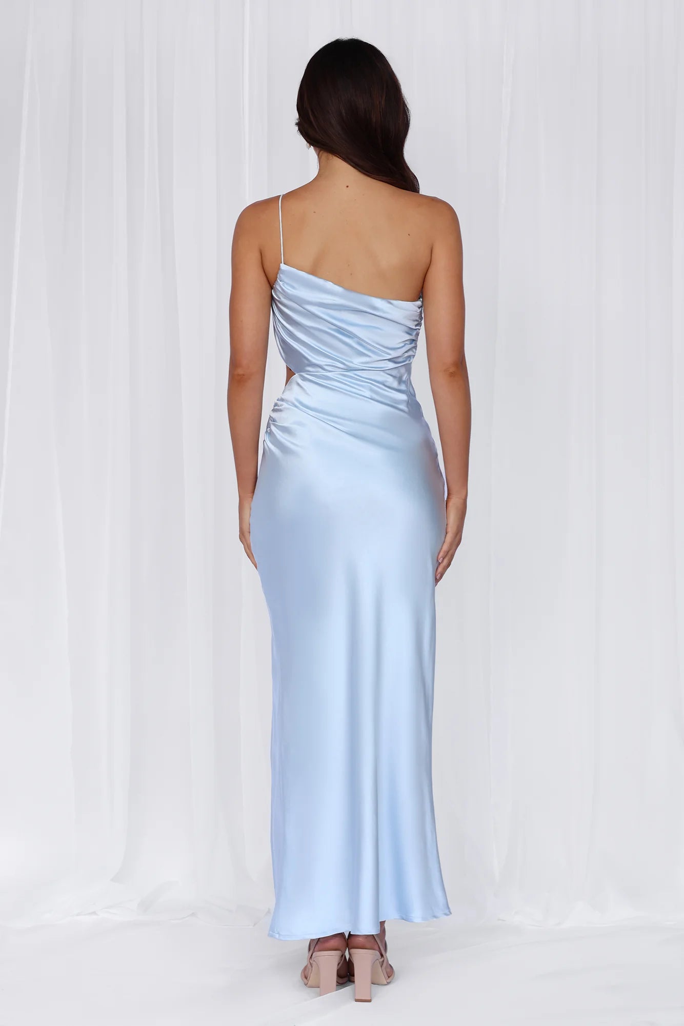 HELLO MOLLY The Opal One Shoulder Satin Maxi Dress Blue