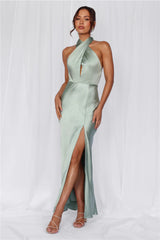 HELLO MOLLY The Adeline Halter Satin Maxi Dress Sage
