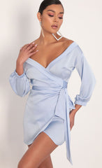 Lorella Off Shoulder Wrap Dress in Dusty Blue