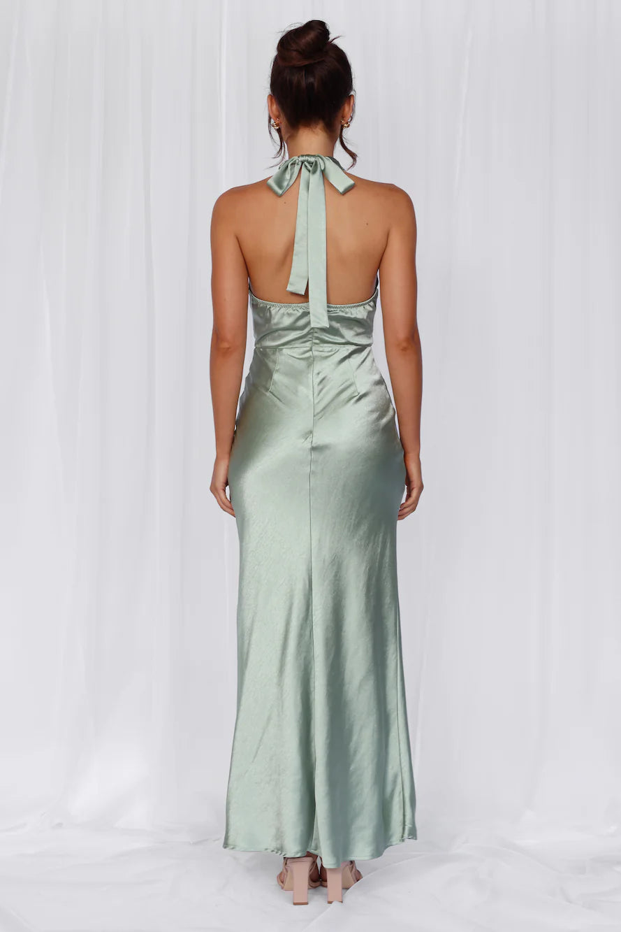 HELLO MOLLY The Adeline Halter Satin Maxi Dress Sage
