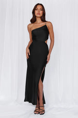 HELLO MOLLY The Opal One Shoulder Satin Maxi Dress Black