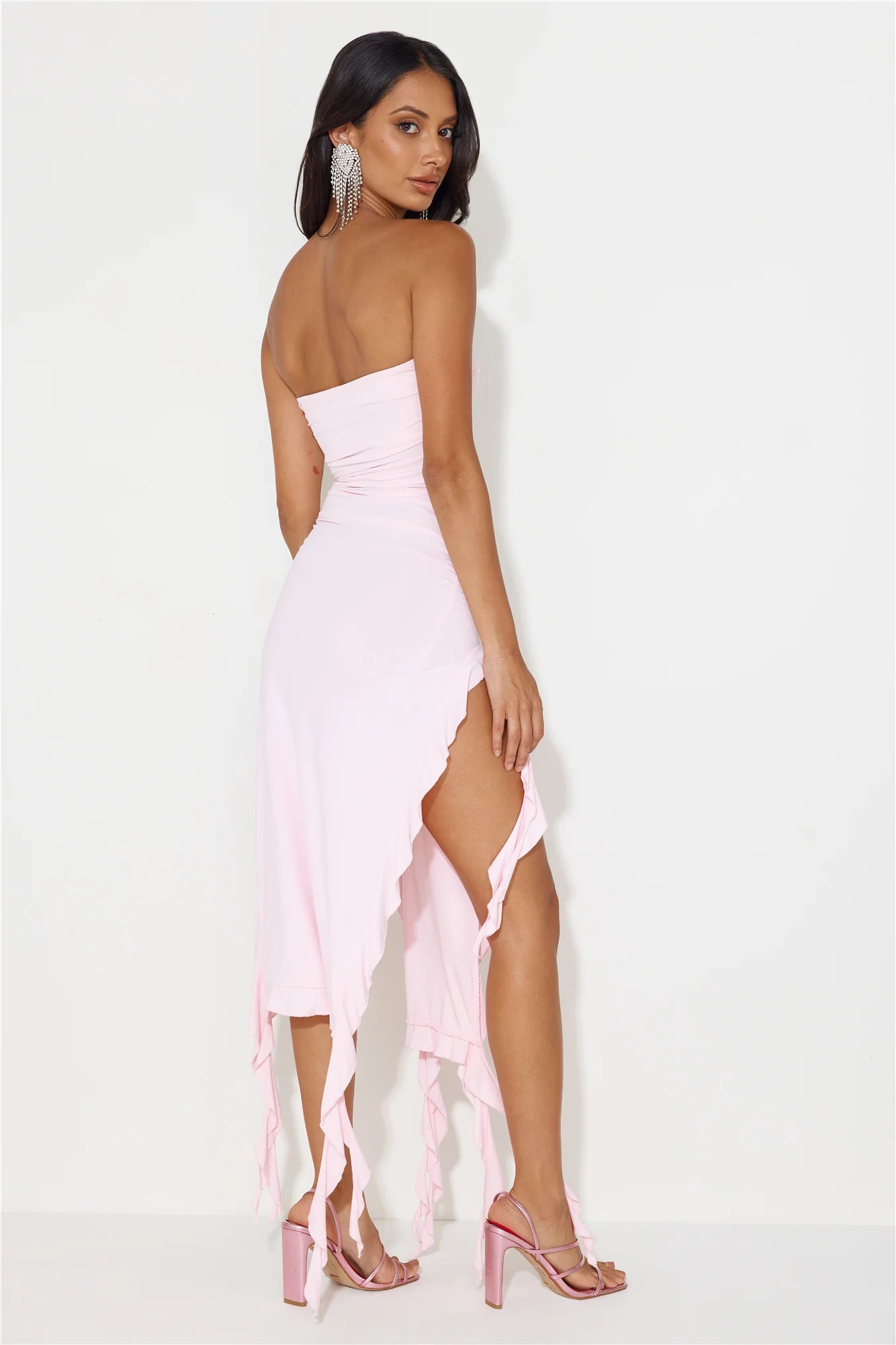 HELLO MOLLY All The Frills Strapless Midi Dress Light Pink