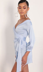 Lorella Off Shoulder Wrap Dress in Dusty Blue