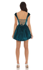 Rhinestone Velvet Puff Dress in Blue