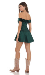 Off Shoulder Velvet Strap A-line Dress in Green