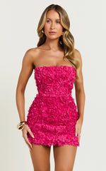 Strapless 3D Floral Lace Up Back Dress in Pink