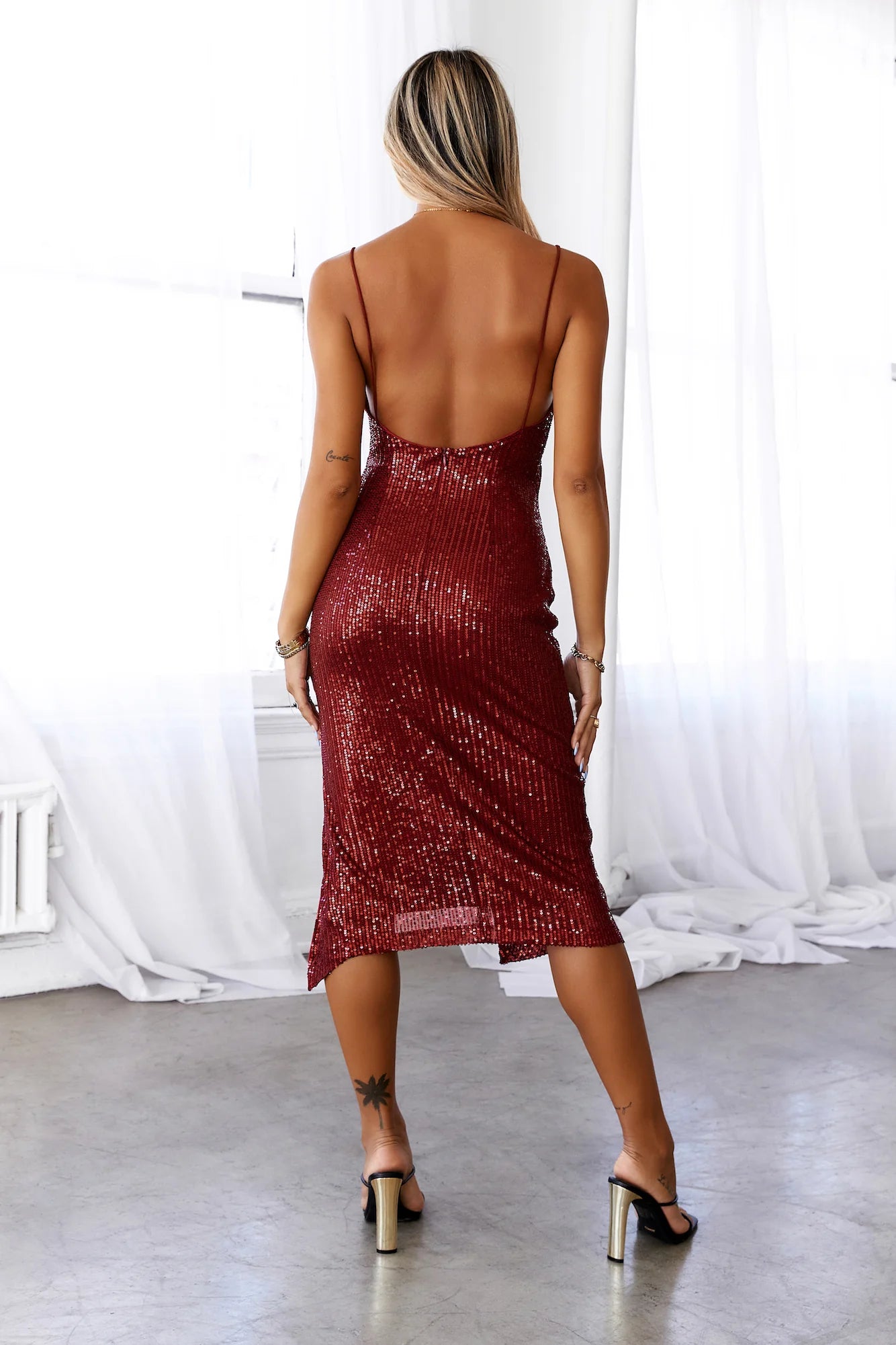 HELLO MOLLY Quiet Dancer Sequin Midi Dress Wine