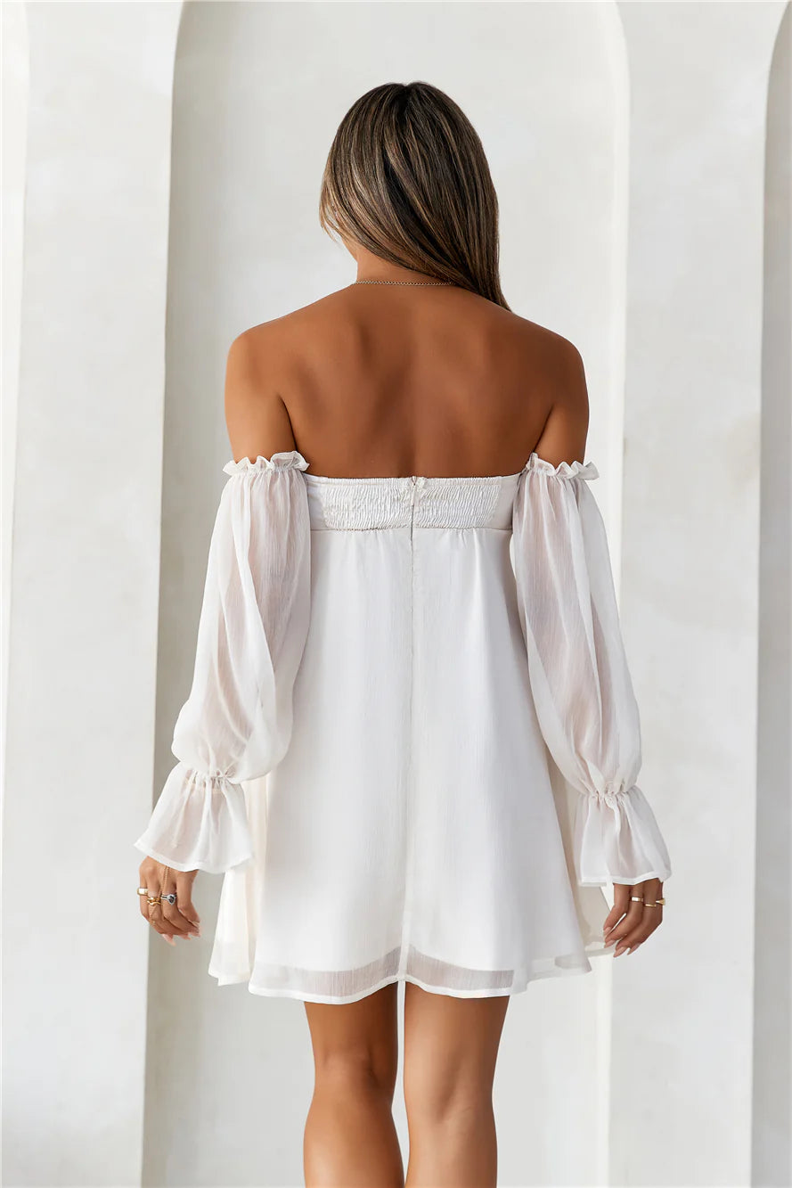 HELLO MOLLY Delicate Soul Off Shoulder Mini Dress Beige