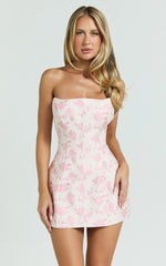 Reece Mini Dress Strapless Fitted Bodice Tulip Skirt Brocade Dress in Pink