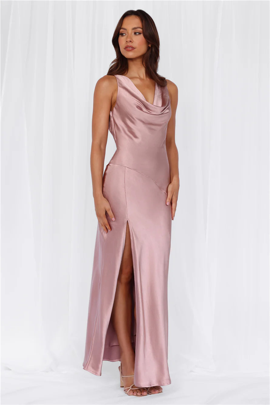HELLO MOLLY The Loretta Cowl Satin Maxi Dress Dusty Pink