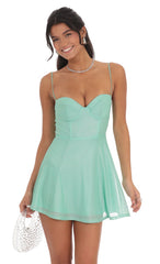 Foiled Mesh Corset A-line Dress in Seafoam Green