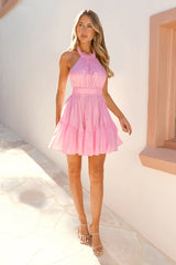 Hamptons Vacation Halter Mini Dress Pink