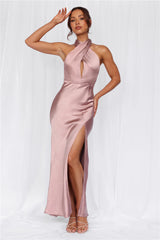HELLO MOLLY The Adeline Halter Satin Maxi Dress Dusty Pink