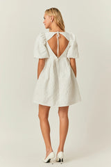 Open Back Floral Jacquard Puff Dress