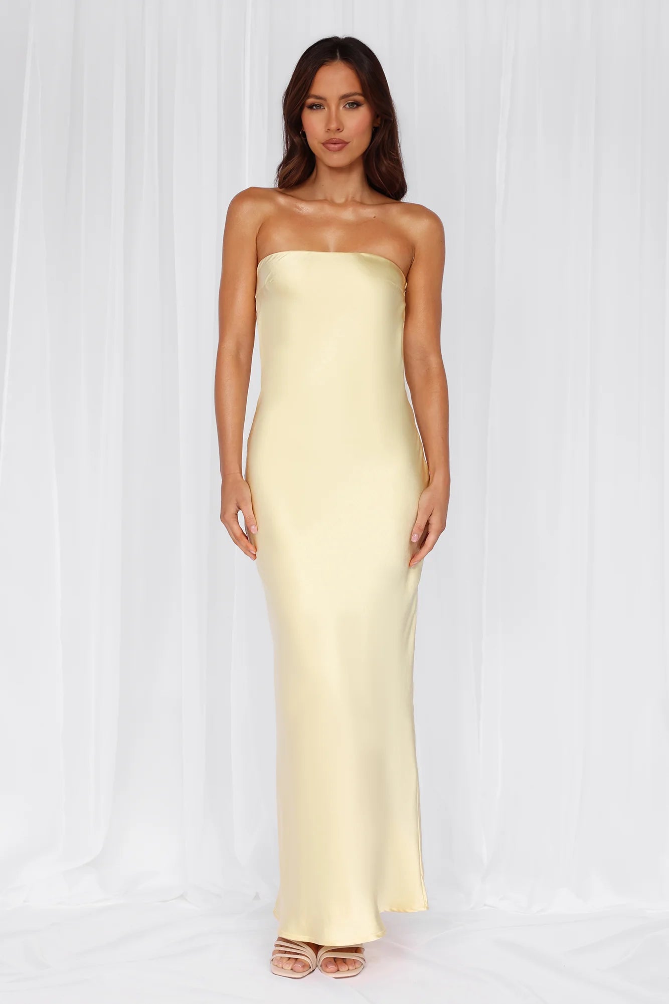 HELLO MOLLY The Felicity Strapless Satin Maxi Dress Yellow