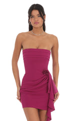Rose Strapless Ruched Tassel Dress in Berry